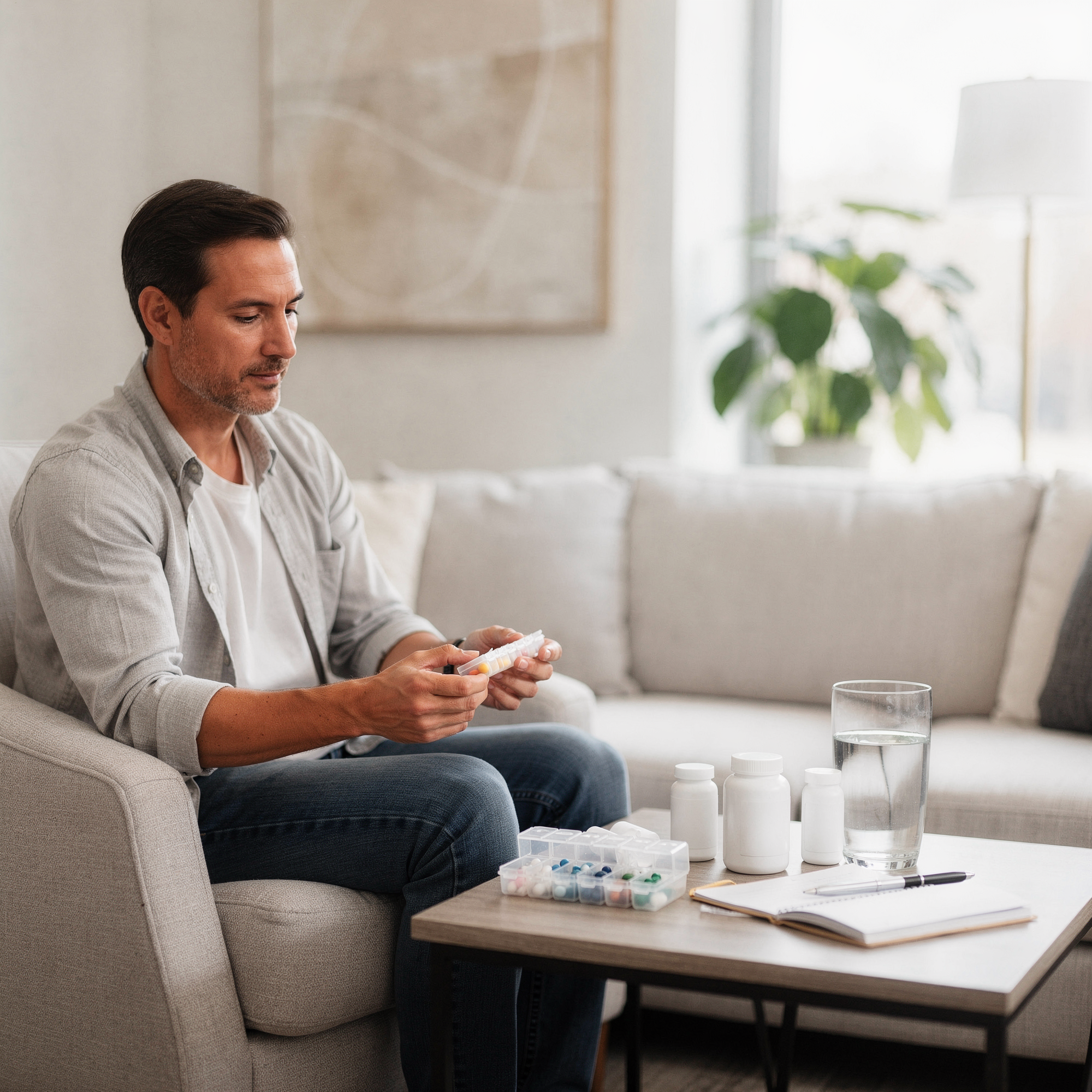 Man sitting on a couch holding medication bottles with a pill organizer and water glass on the table in front of him